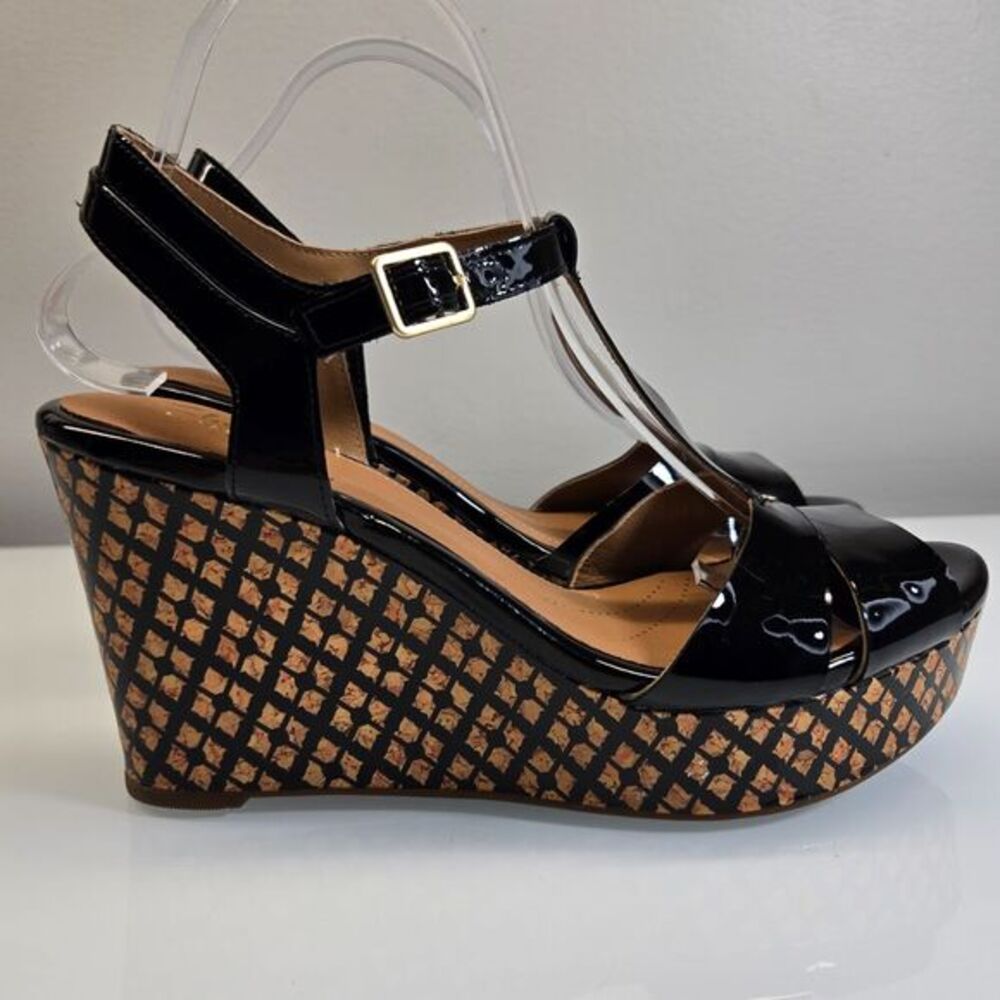 Clarks Black Patent Leather Platform Wedge Sandals